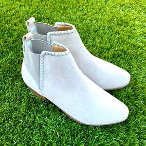 JACK ROGERS | Gray Suede Whipstitched Booties | Wooden Heel Boots | Size 7.5
